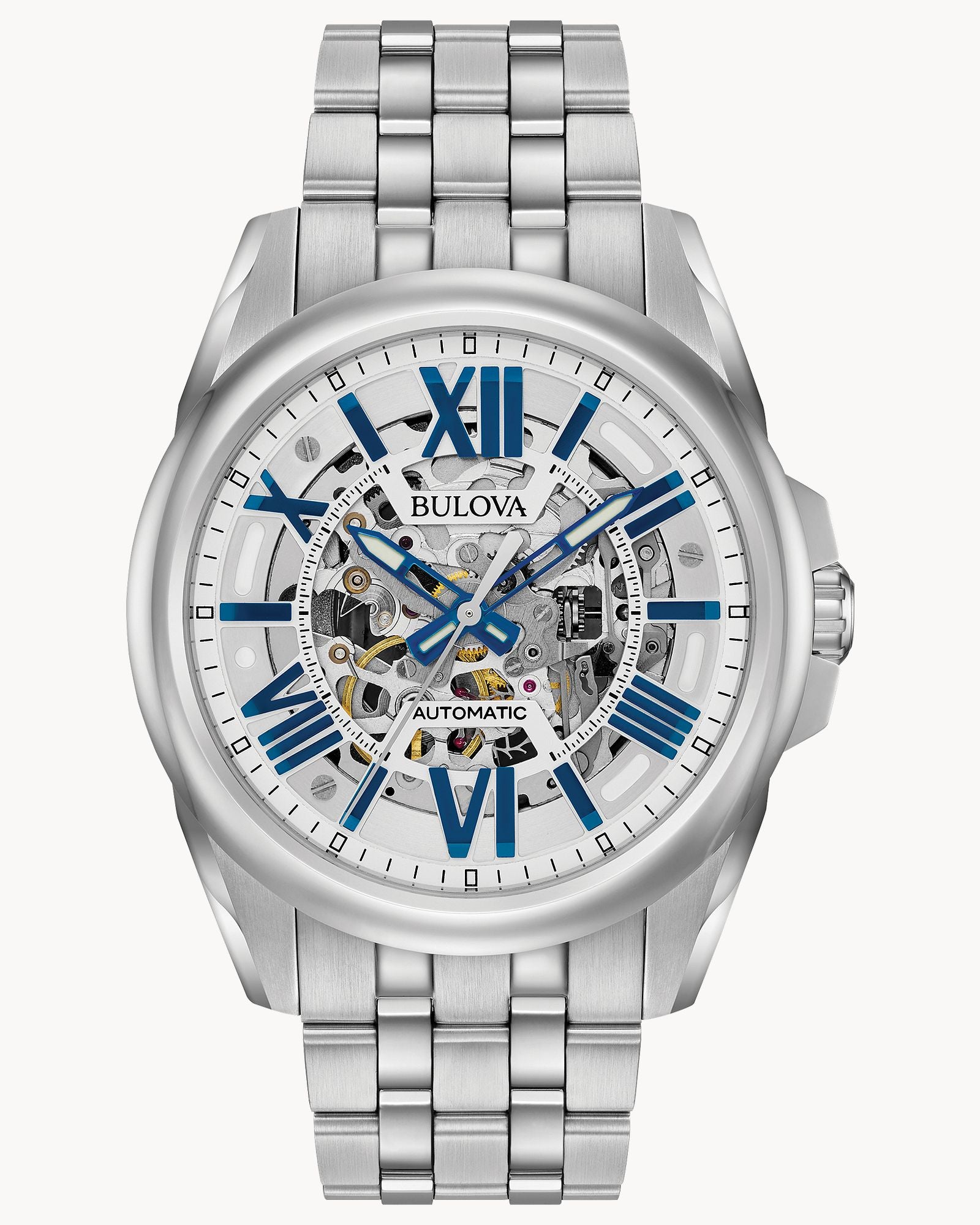 Reloj Bulova Sutton 96A187 Hombre Automático Skeleton Acero Inoxidable Esfera Plateada Índices Azules