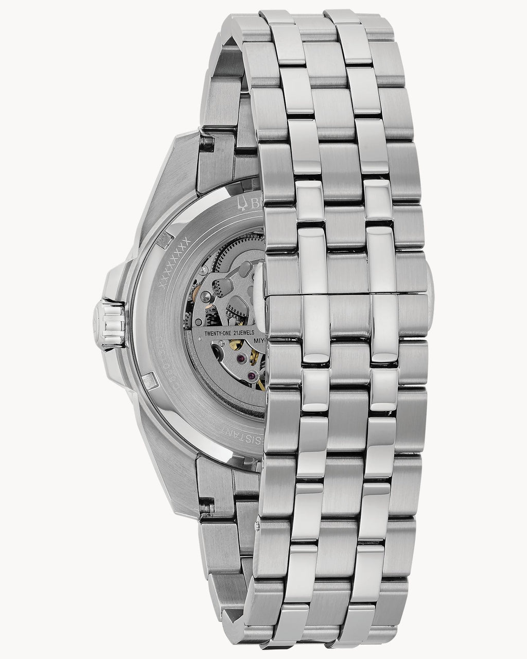 Reloj Bulova Sutton 96A187 Hombre Automático Skeleton Acero Inoxidable Esfera Plateada Índices Azules