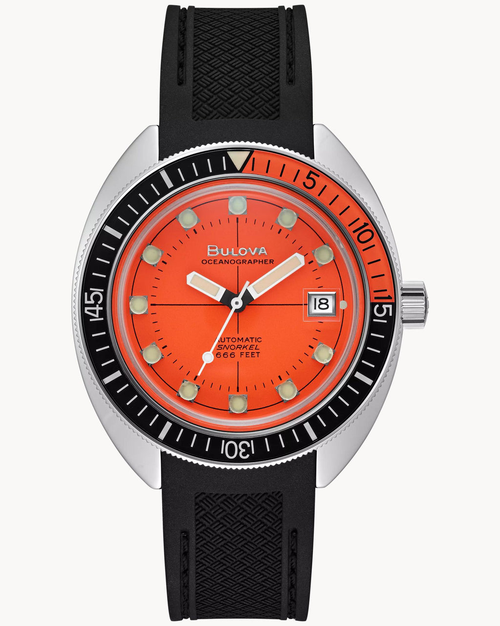 Reloj Bulova Oceanographer 96B350 Hombre Devil Diver Esfera Naranja Correa Caucho Negro