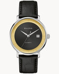 Reloj Bulova Frank Sinatra Rat Pack 96B406 Hombre Automático Acero Inoxidable Esfera Negra Bisel Dorado Correa Cuero Negro