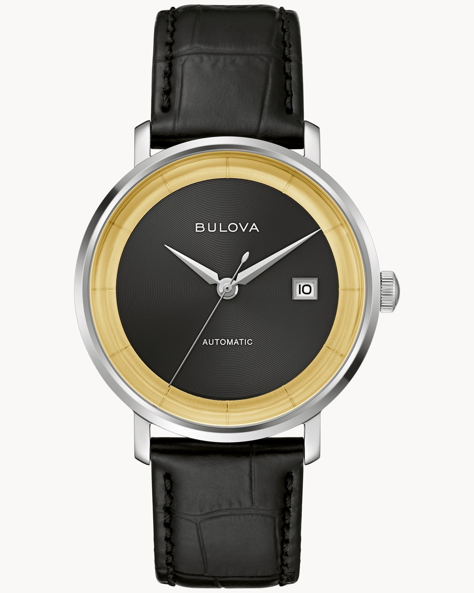 Reloj Bulova Frank Sinatra Rat Pack 96B406 Hombre Automático Acero Inoxidable Esfera Negra Bisel Dorado Correa Cuero Negro