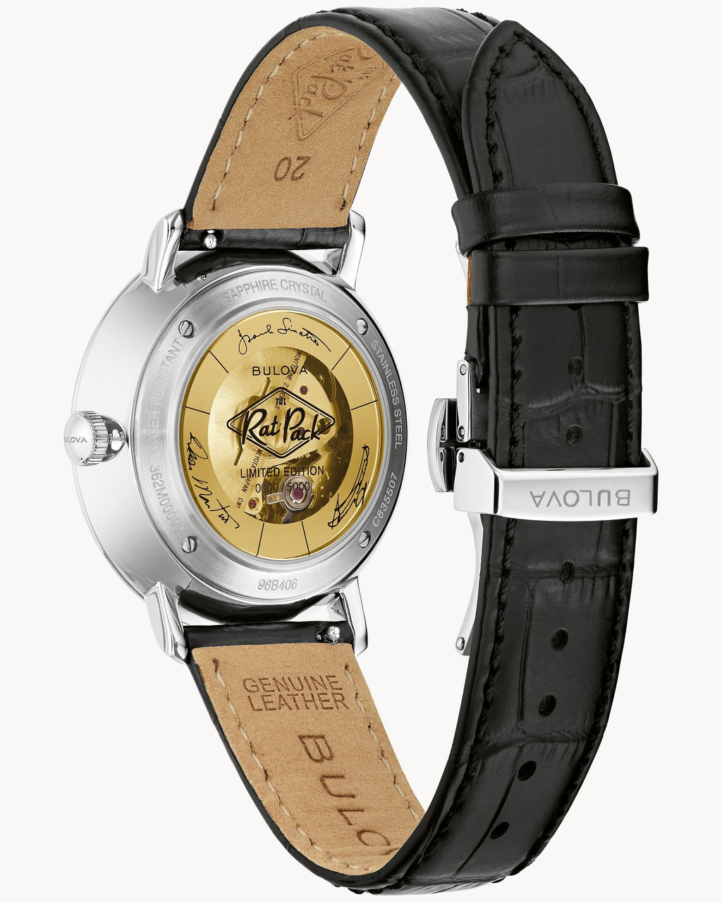 Reloj Bulova Frank Sinatra Rat Pack 96B406 Hombre Automático Acero Inoxidable Esfera Negra Bisel Dorado Correa Cuero Negro