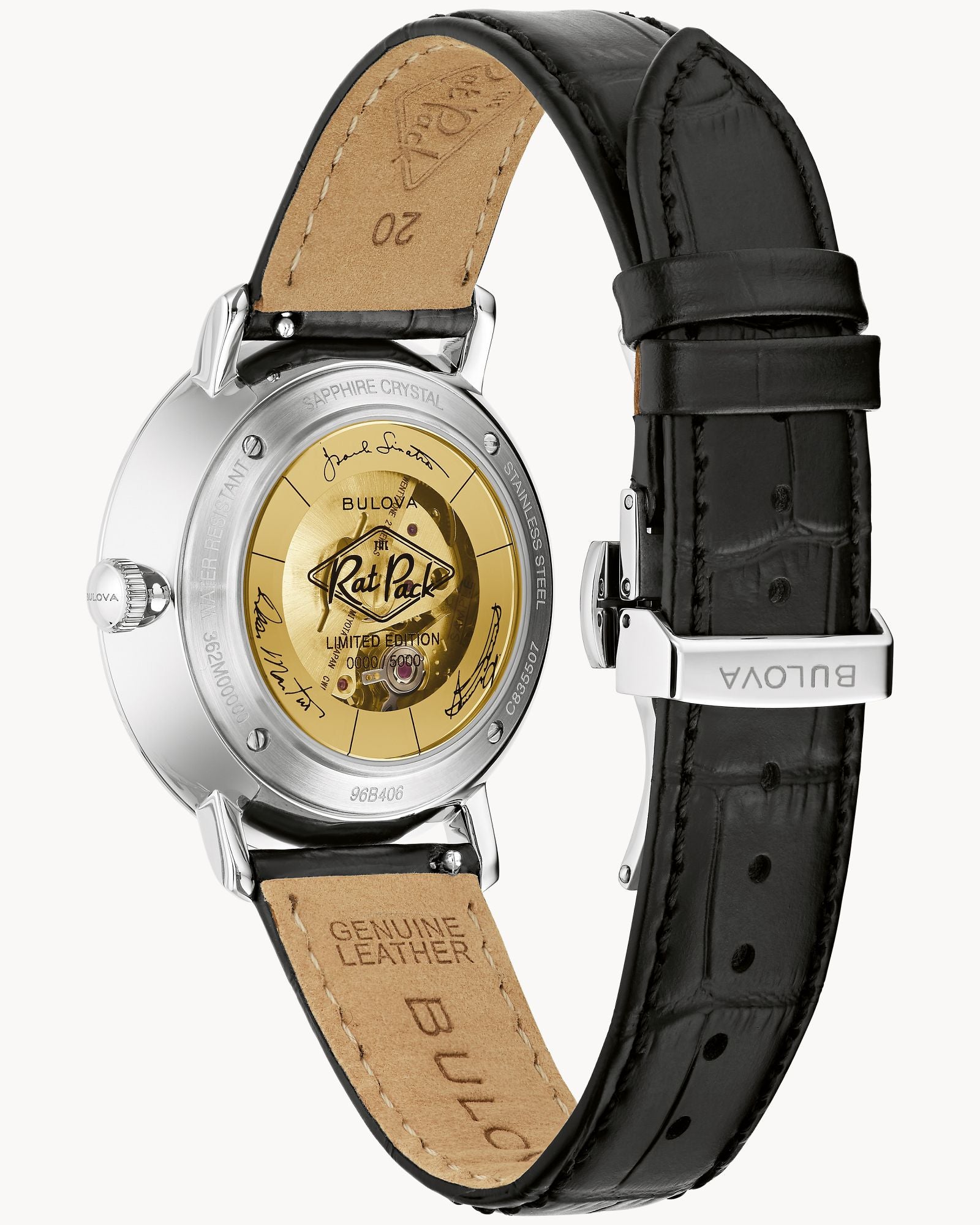 Reloj Bulova Frank Sinatra Rat Pack 96B406 Hombre Automático Acero Inoxidable Esfera Negra Bisel Dorado Correa Cuero Negro