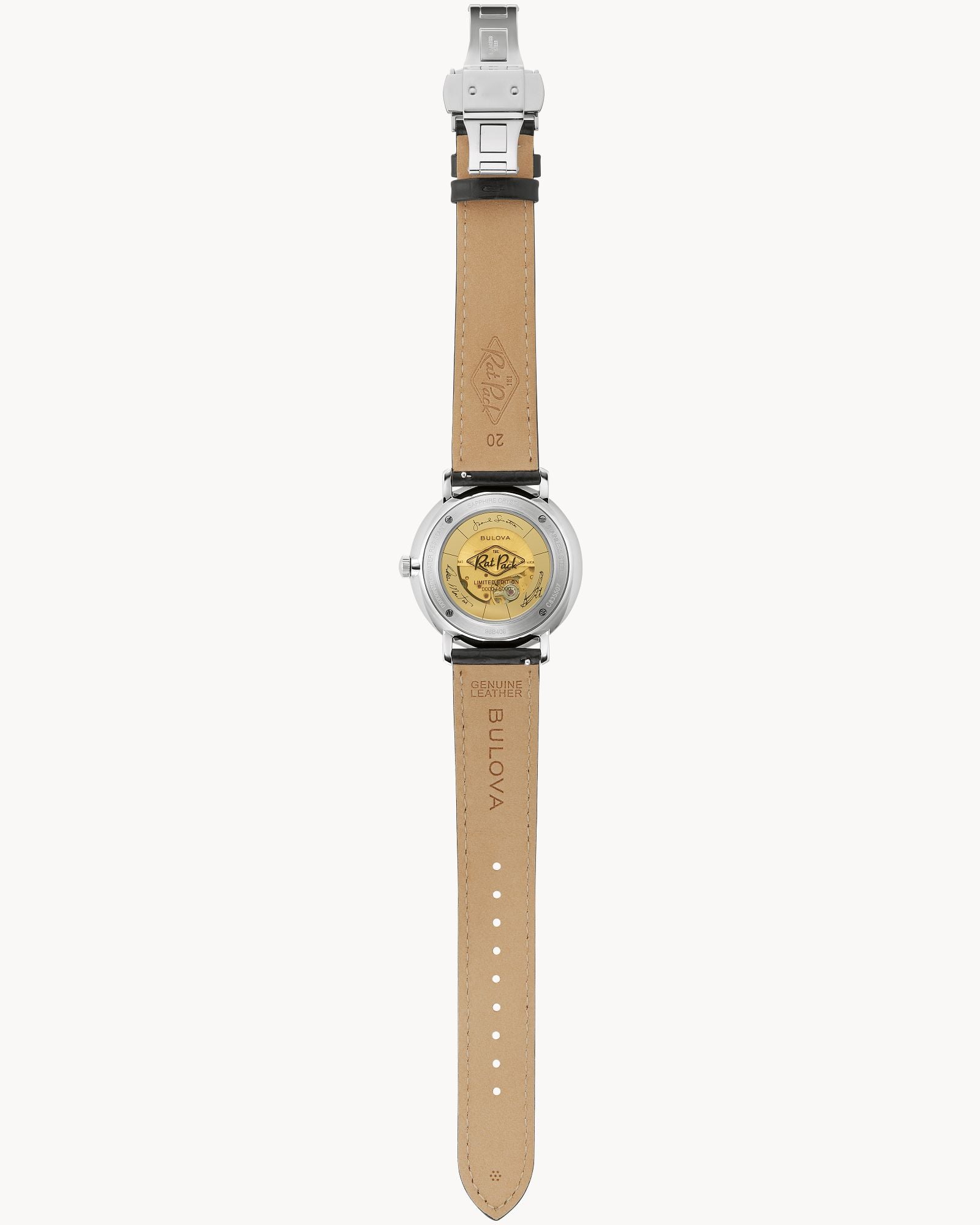 Reloj Bulova Frank Sinatra Rat Pack 96B406 Hombre Automático Acero Inoxidable Esfera Negra Bisel Dorado Correa Cuero Negro