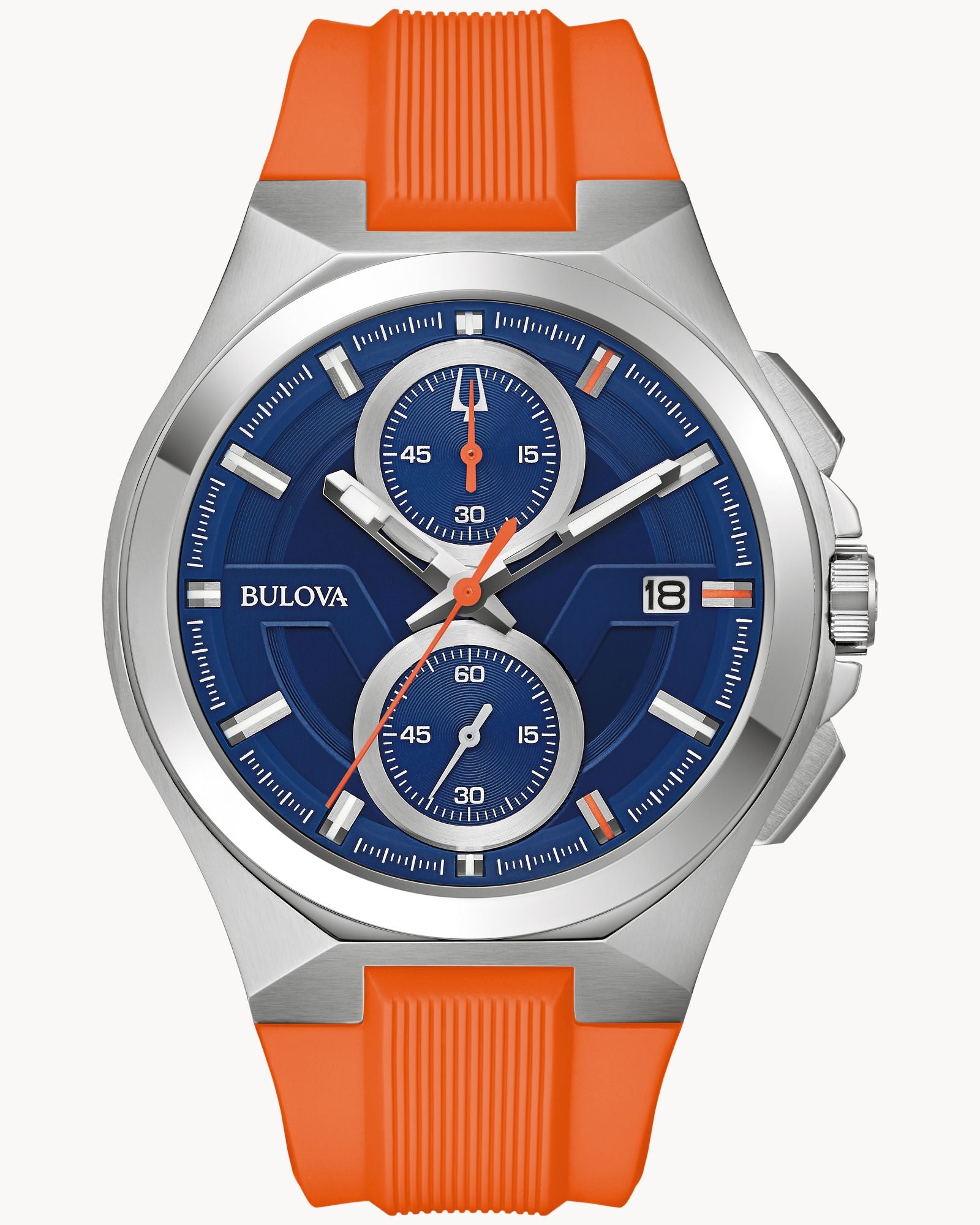 Reloj Bulova Marc Anthony Maquina 96B407 Hombre Cronógrafo Acero Esfera Azul Correa Silicona Naranja