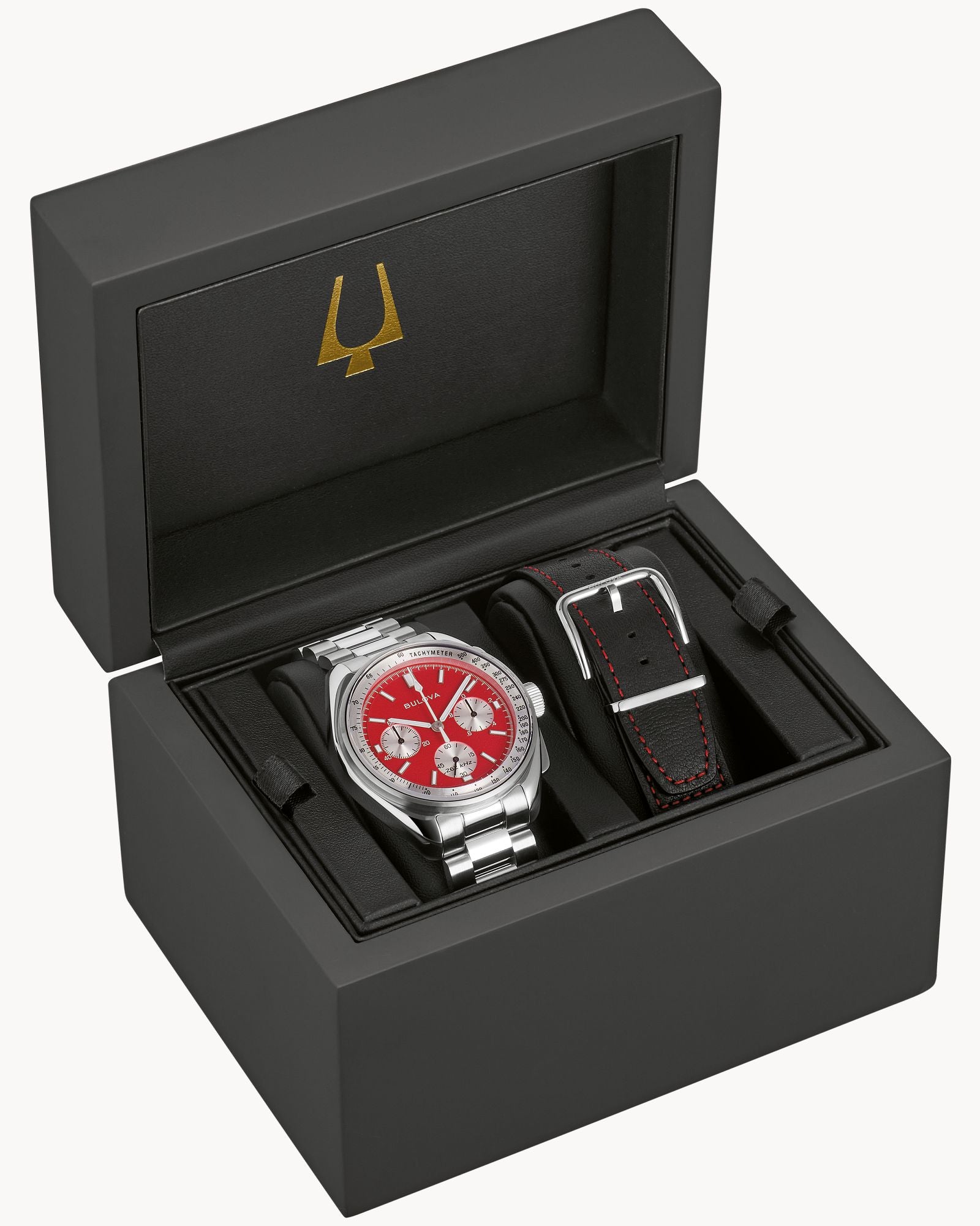 Reloj Bulova Precisionist Chronograph  Lunar Pilot 96K115 Hombre Acero Inoxidable Esfera Roja Cronógrafo 262 kHz Set con Correa Cuero