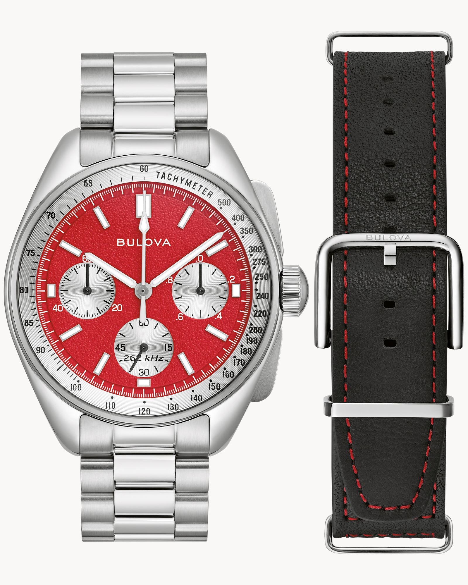 Reloj Bulova Precisionist Chronograph  Lunar Pilot 96K115 Hombre Acero Inoxidable Esfera Roja Cronógrafo 262 kHz Set con Correa Cuero