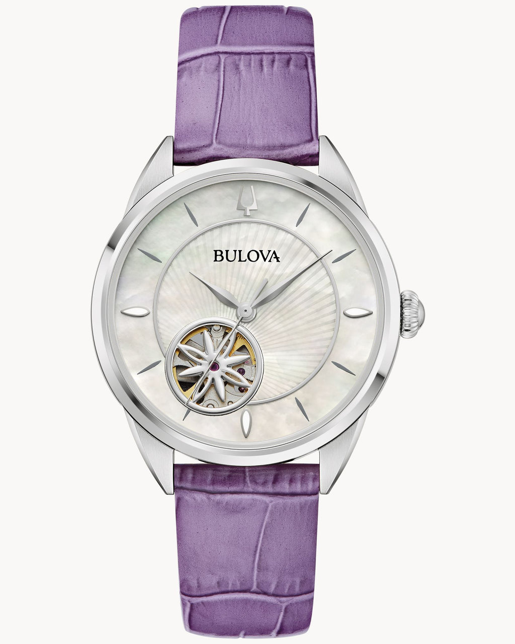 Reloj Bulova Sutton Classic 96L339 Mujer Automático Open Heart Acero Inoxidable Esfera Nácar Correa Cuero Violeta