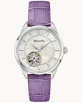 Reloj Bulova Sutton Classic 96L339 Mujer Automático Open Heart Acero Inoxidable Esfera Nácar Correa Cuero Violeta