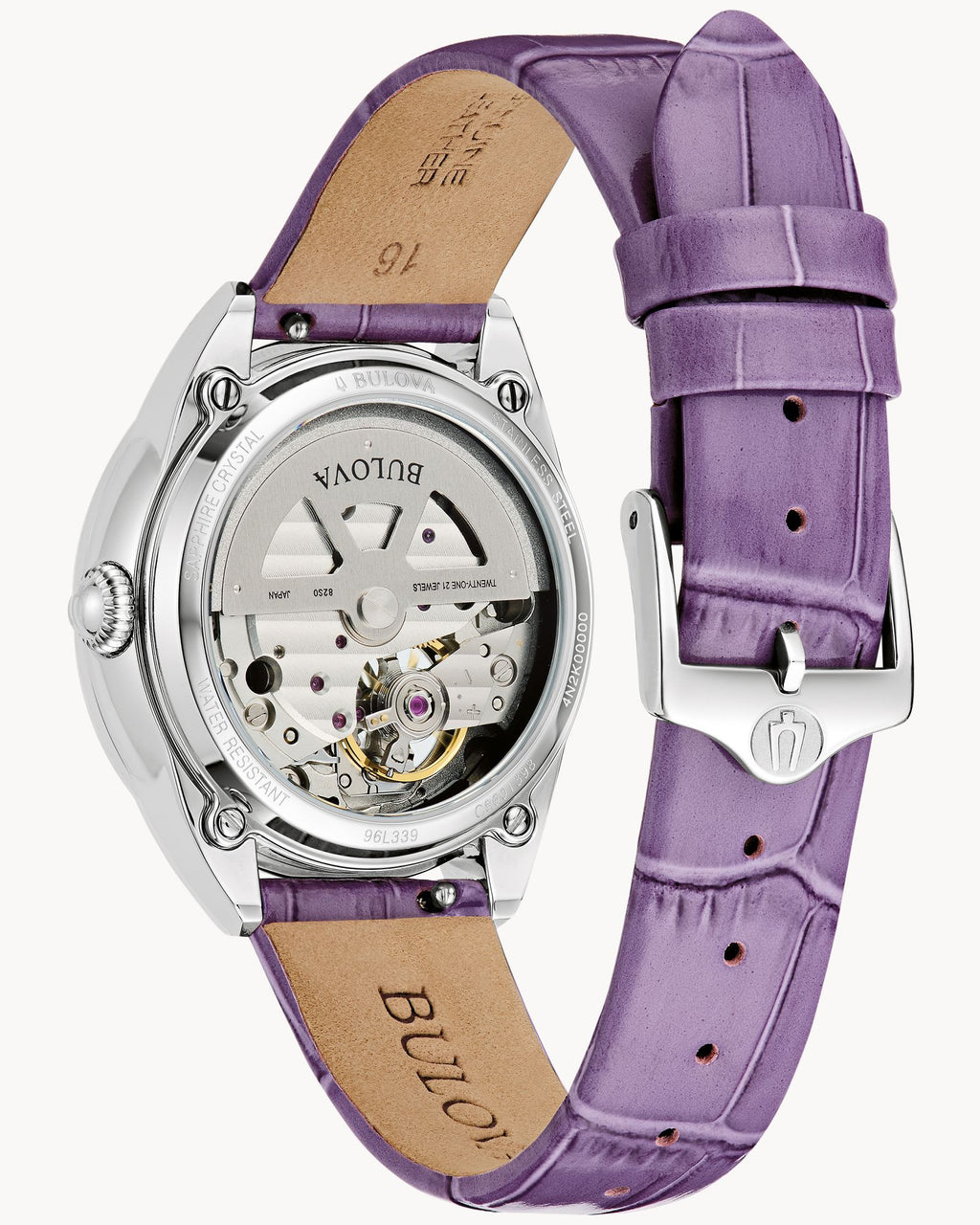 Reloj Bulova Sutton Classic 96L339 Mujer Automático Open Heart Acero Inoxidable Esfera Nácar Correa Cuero Violeta