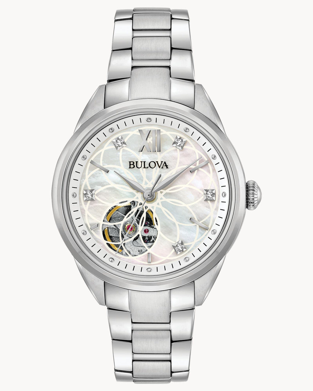 Reloj Bulova Classic Sutton 96P181 Mujer Automático Open Heart Acero Inoxidable Esfera Nácar Cristales
