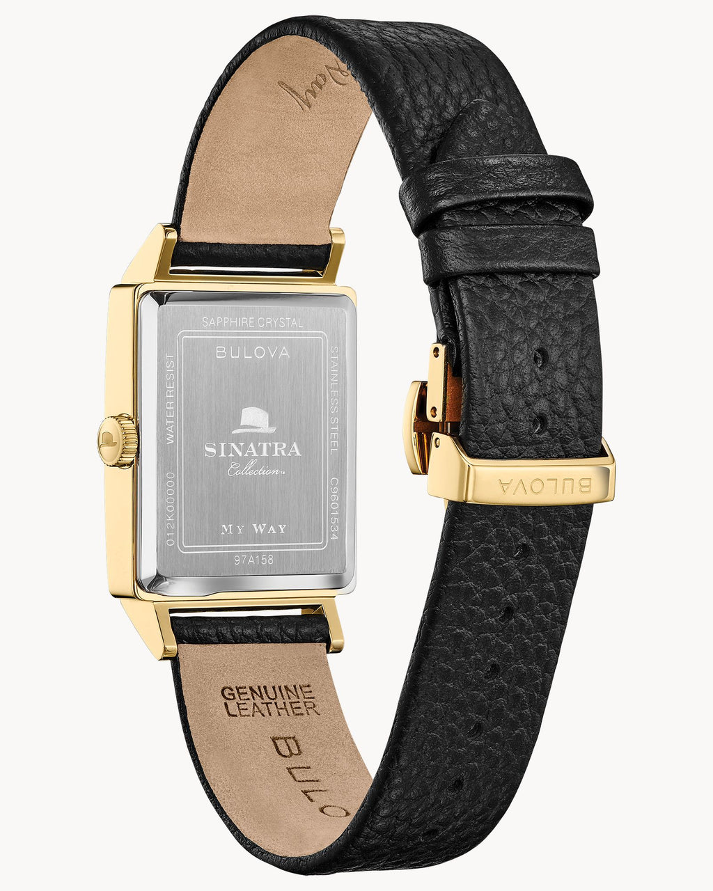 Reloj Bulova Frank Sinatra My Way 97A158 Hombre Acero Dorado Esfera Plateada Correa Cuero Negro