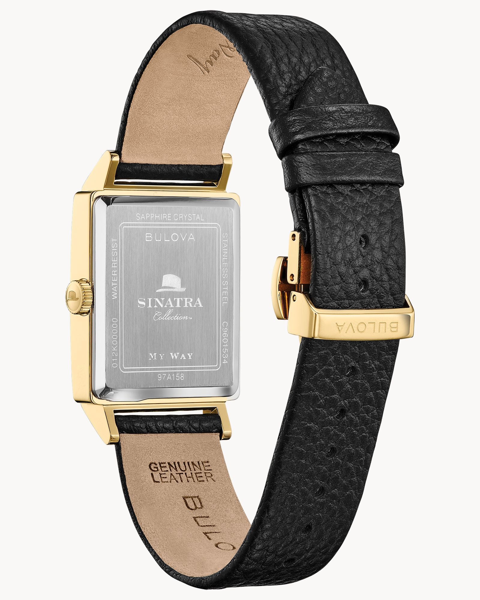 Reloj Bulova Frank Sinatra My Way 97A158 Hombre Acero Dorado Esfera Plateada Correa Cuero Negro