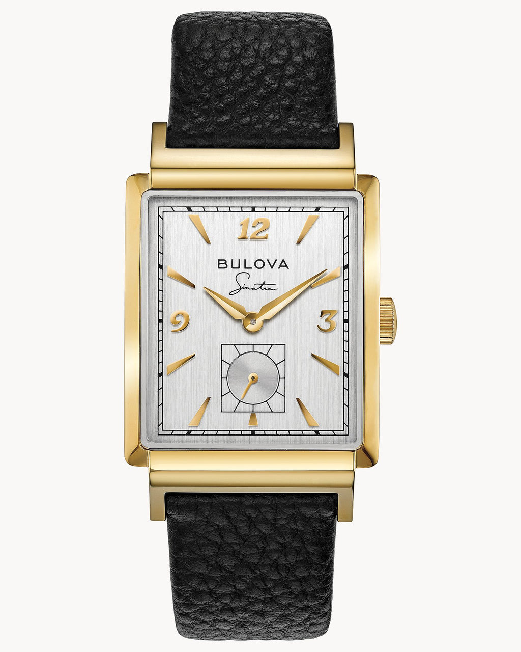 Reloj Bulova Frank Sinatra My Way 97A158 Hombre Acero Dorado Esfera Plateada Correa Cuero Negro