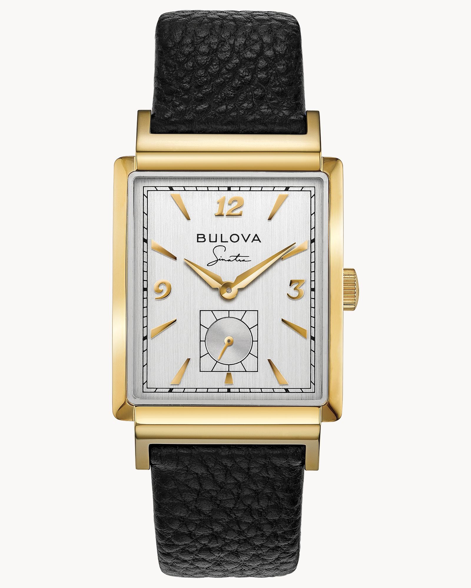 Reloj Bulova Frank Sinatra My Way 97A158 Hombre Acero Dorado Esfera Plateada Correa Cuero Negro