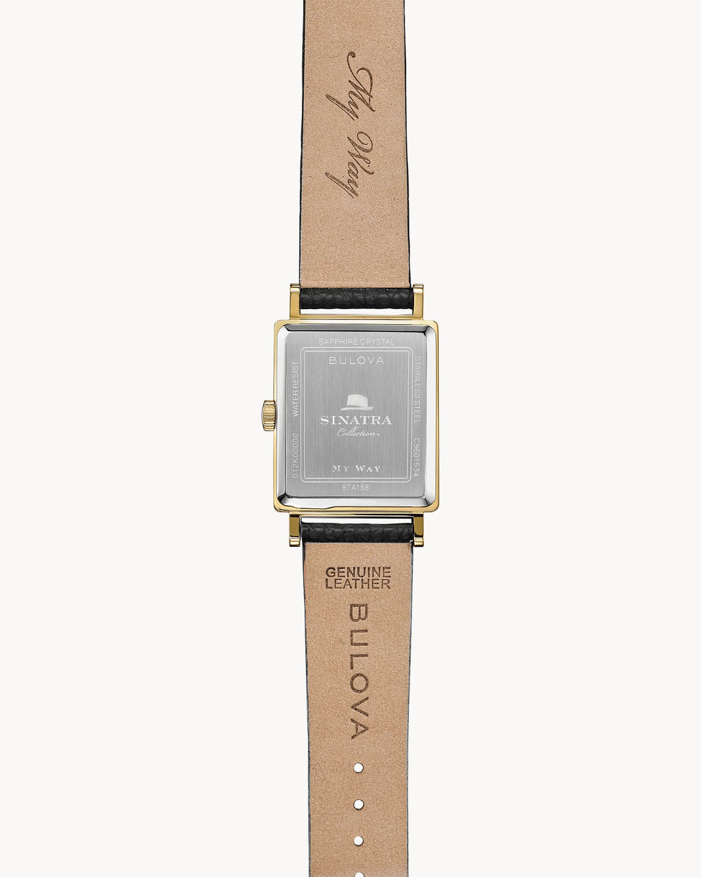 Reloj Bulova Frank Sinatra My Way 97A158 Hombre Acero Dorado Esfera Plateada Correa Cuero Negro