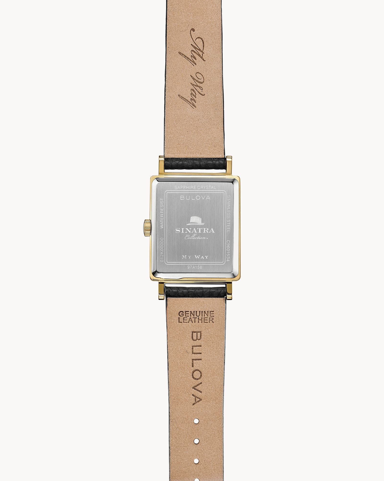 Reloj Bulova Frank Sinatra My Way 97A158 Hombre Acero Dorado Esfera Plateada Correa Cuero Negro