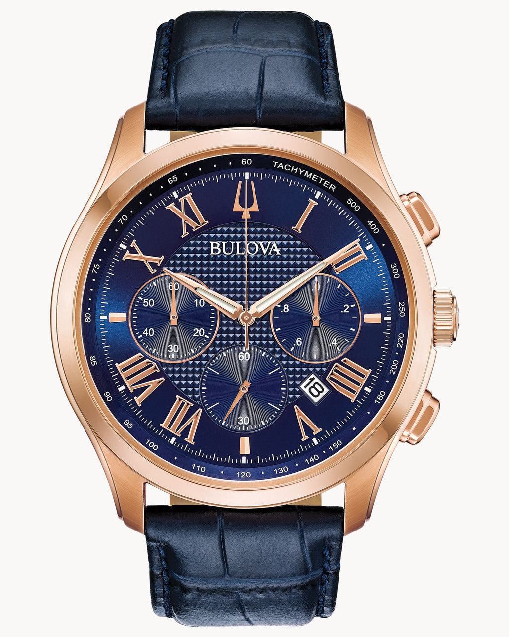 Reloj Bulova Wilton 97B170 Hombre Cronógrafo Acero Oro Rosa Esfera Azul Correa Cuero