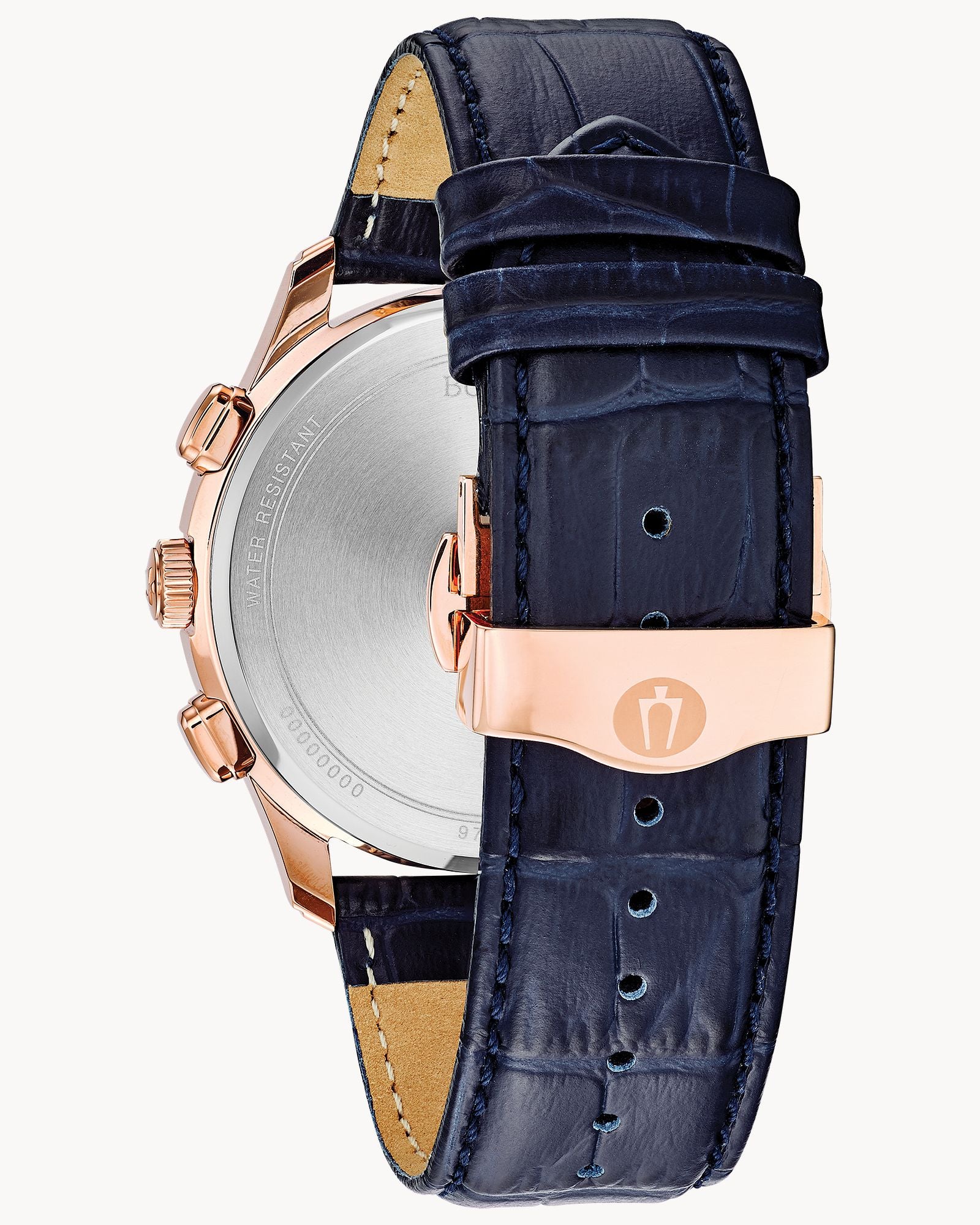 Reloj Bulova Wilton 97B170 Hombre Cronógrafo Acero Oro Rosa Esfera Azul Correa Cuero