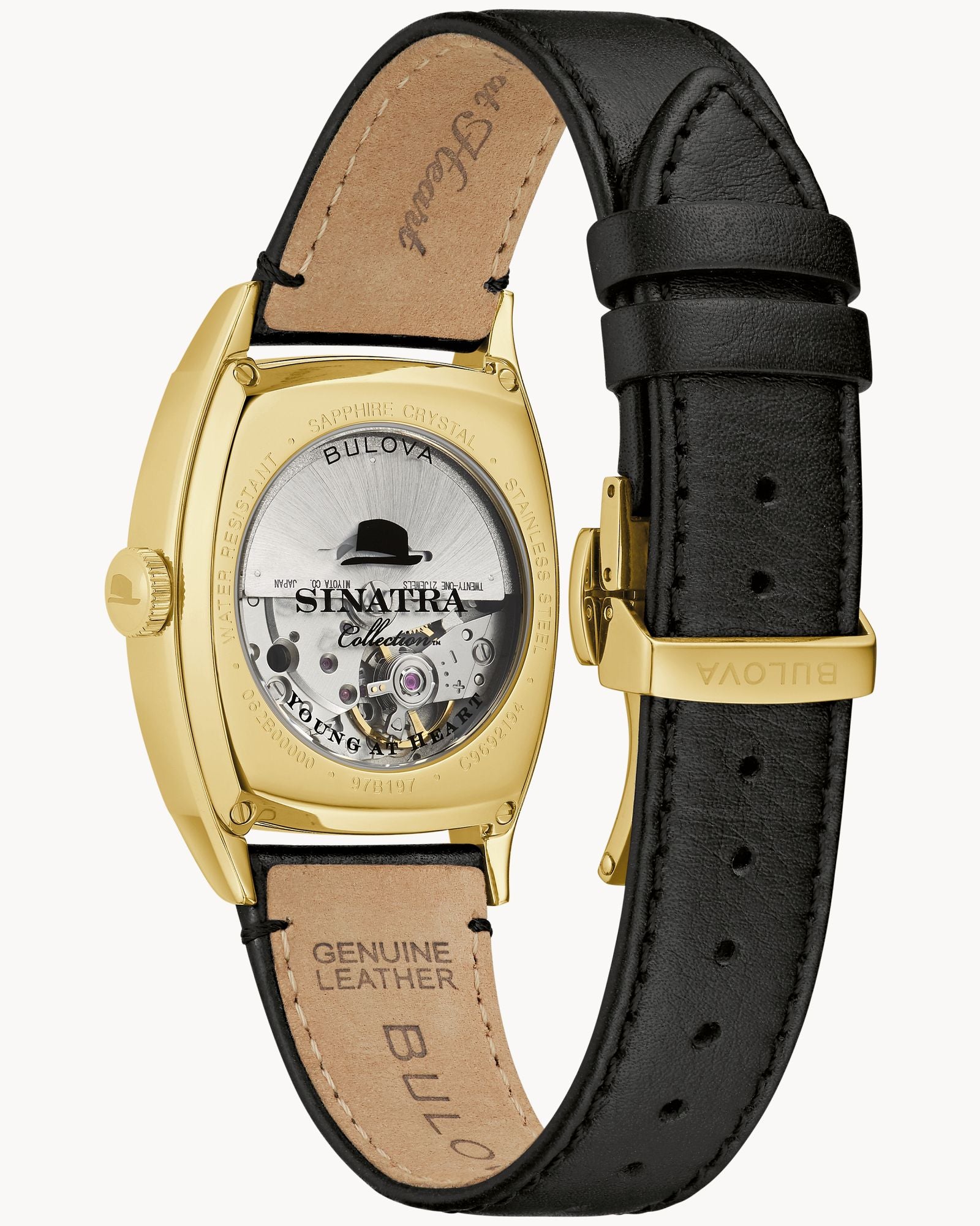 Reloj Bulova Frank Sinatra Young At Heart 97B197 Hombre Automático Acero Dorado Esfera Plateada Correa Cuero Negro