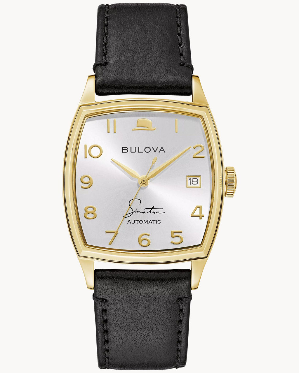 Reloj Bulova Frank Sinatra Young At Heart 97B197 Hombre Automático Acero Dorado Esfera Plateada Correa Cuero Negro