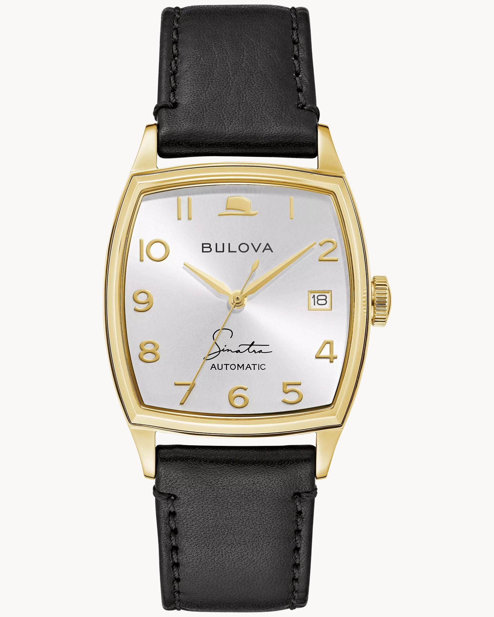 Reloj Bulova Frank Sinatra Young At Heart 97B197 Hombre Automático Acero Dorado Esfera Plateada Correa Cuero Negro