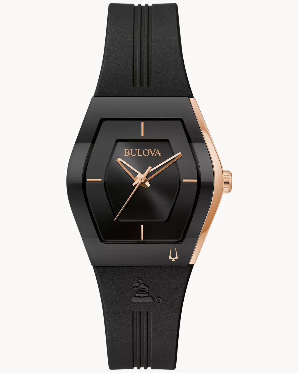 Reloj Bulova Gemini Latin Grammy 97L163 Mujer Acero Negro y Oro Rosa Esfera Negra Correa Caucho
