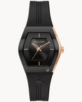 Reloj Bulova Gemini Latin Grammy 97L163 Mujer Acero Negro y Oro Rosa Esfera Negra Correa Caucho