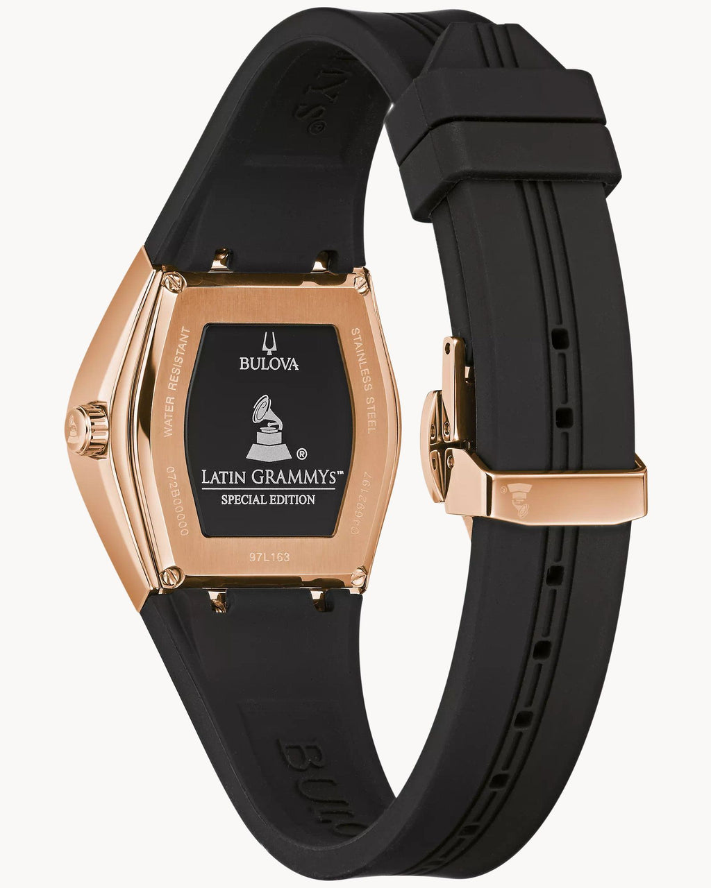 Reloj Bulova Gemini Latin Grammy 97L163 Mujer Acero Negro y Oro Rosa Esfera Negra Correa Caucho