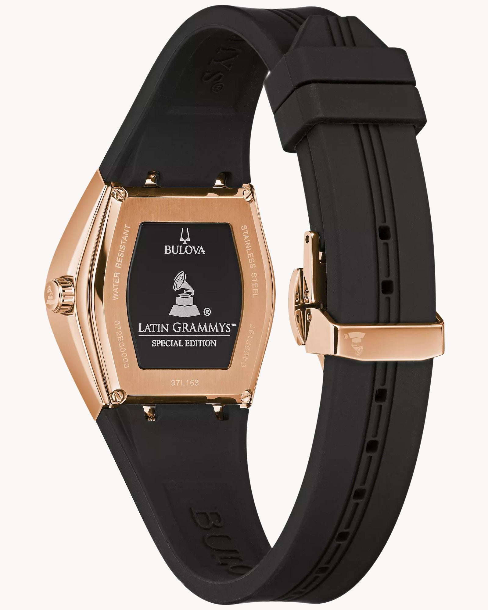 Reloj Bulova Gemini Latin Grammy 97L163 Mujer Acero Negro y Oro Rosa Esfera Negra Correa Caucho