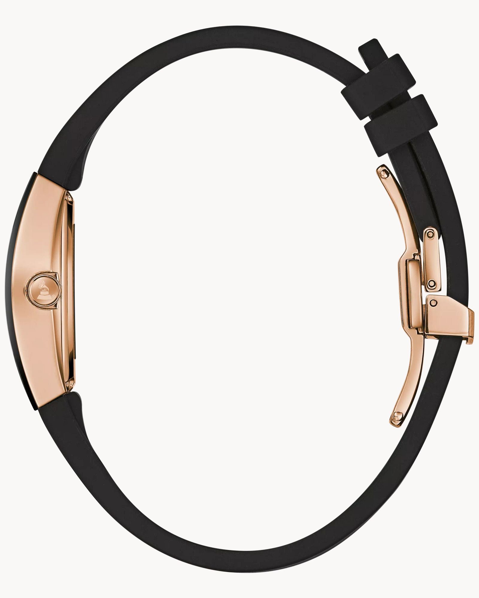 Reloj Bulova Gemini Latin Grammy 97L163 Mujer Acero Negro y Oro Rosa Esfera Negra Correa Caucho