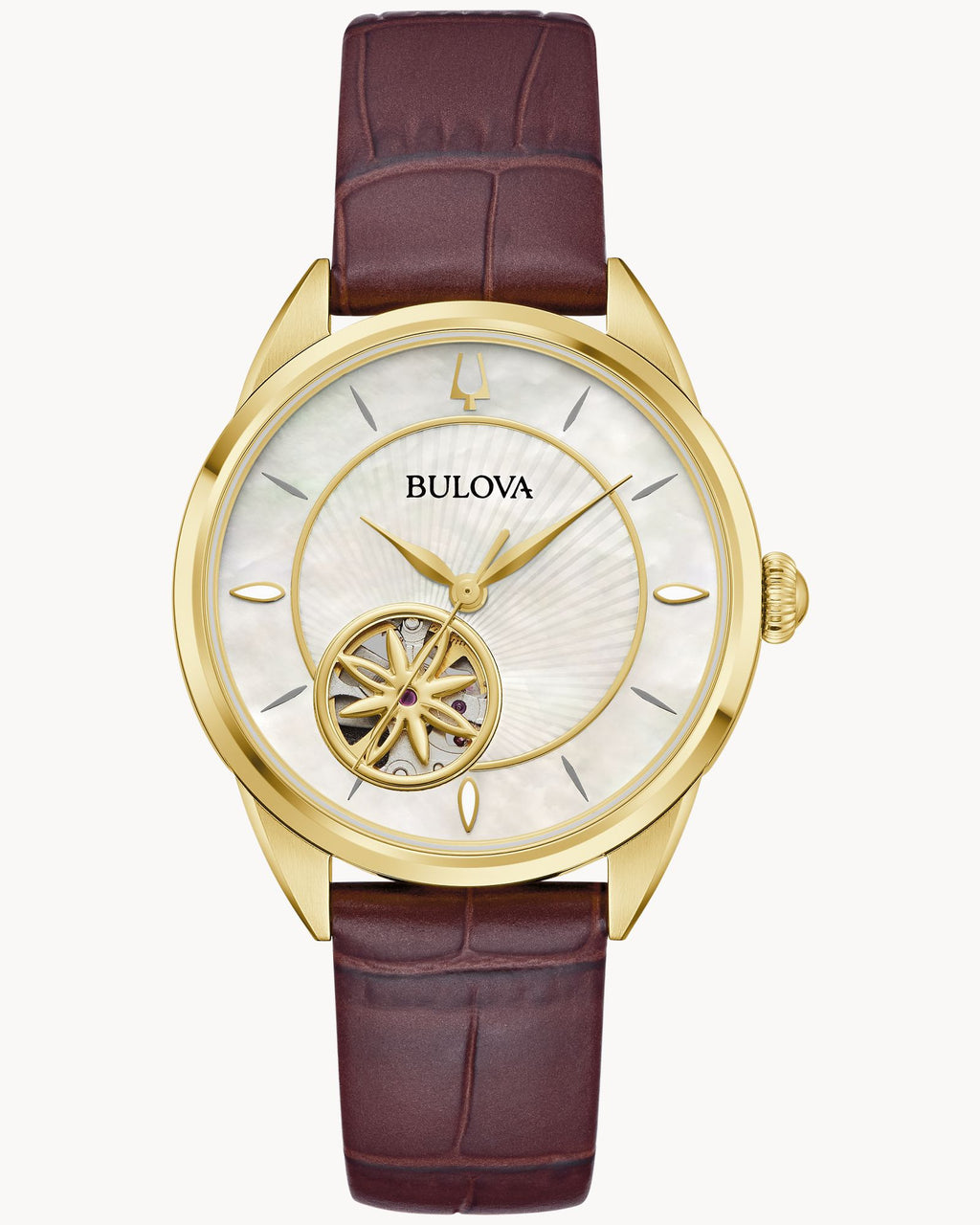 Bulova Sutton 97L179 Reloj Mujer Automático Open Heart Acero Dorado  Correa Cuero Marrón