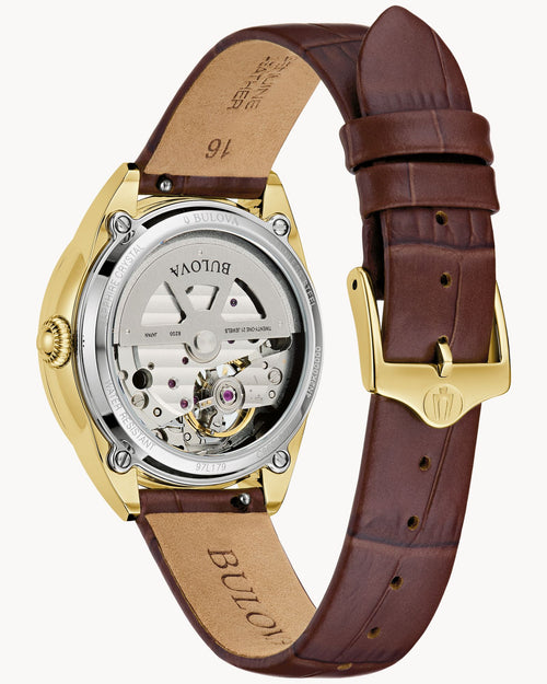 Bulova Sutton 97L179 Reloj Mujer Automático Open Heart Acero Dorado  Correa Cuero Marrón