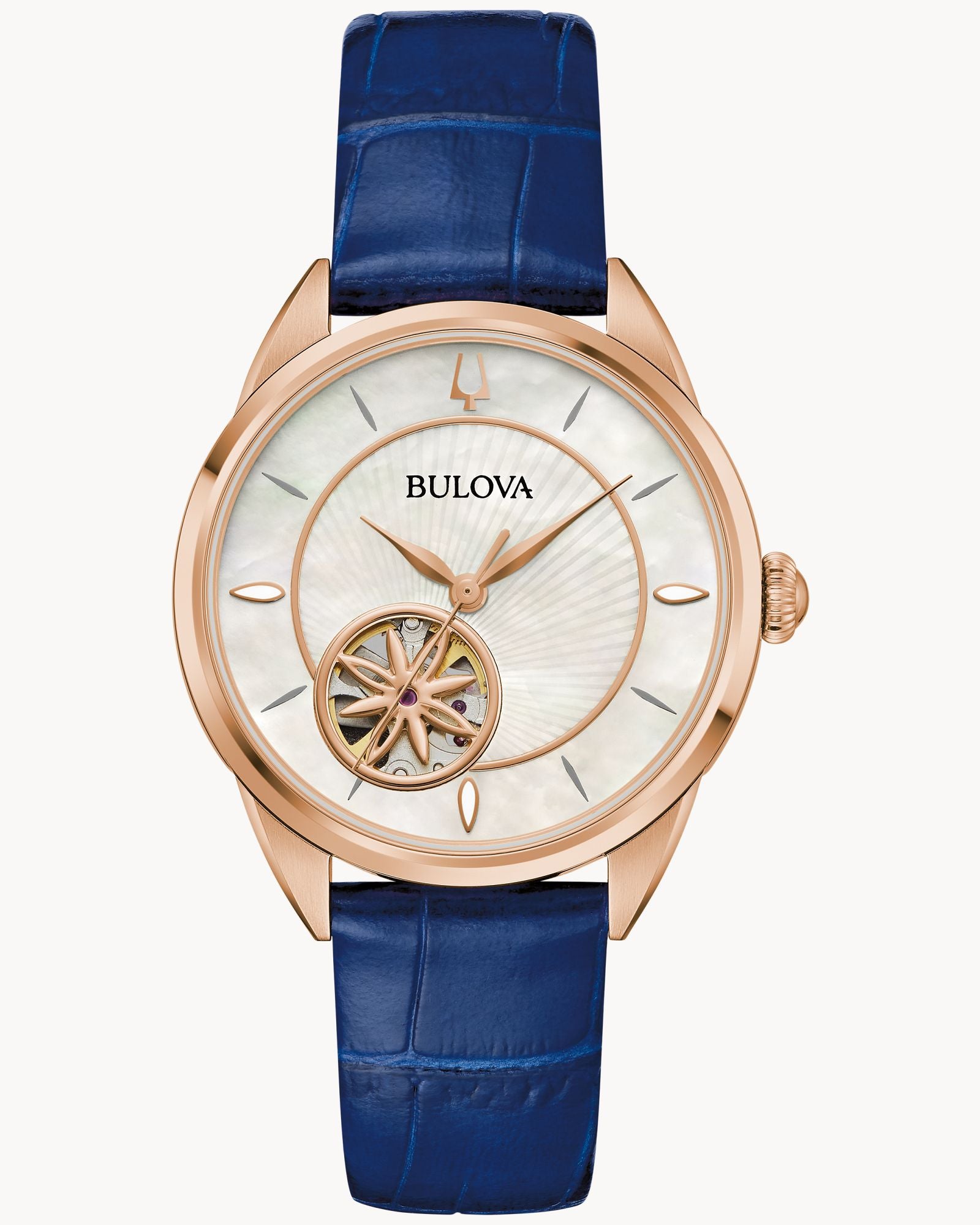 Reloj Bulova Sutton 97L180 Mujer Automático Open Heart Acero Rose Gold Correa Cuero Azul