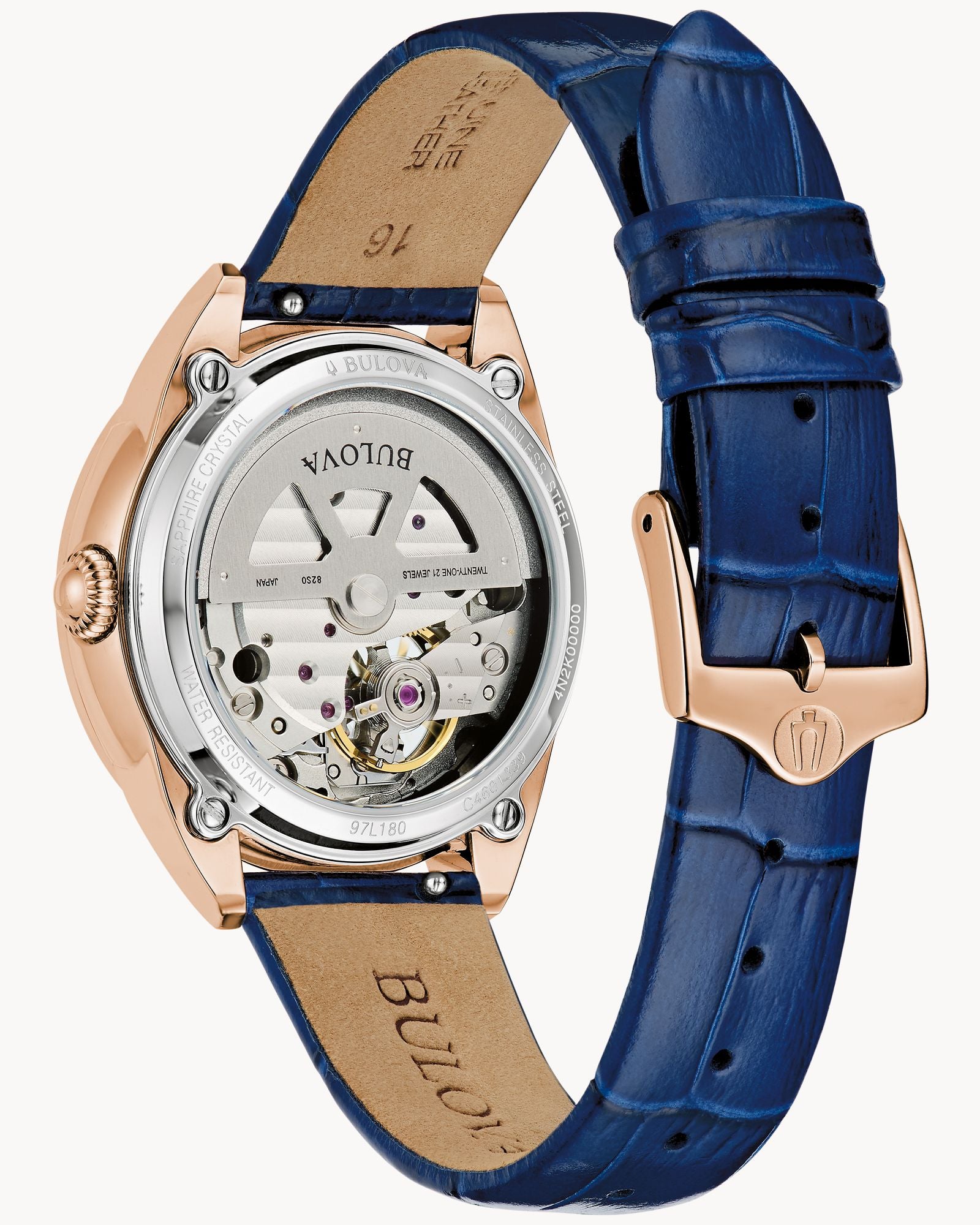 Reloj Bulova Sutton 97L180 Mujer Automático Open Heart Acero Rose Gold Correa Cuero Azul