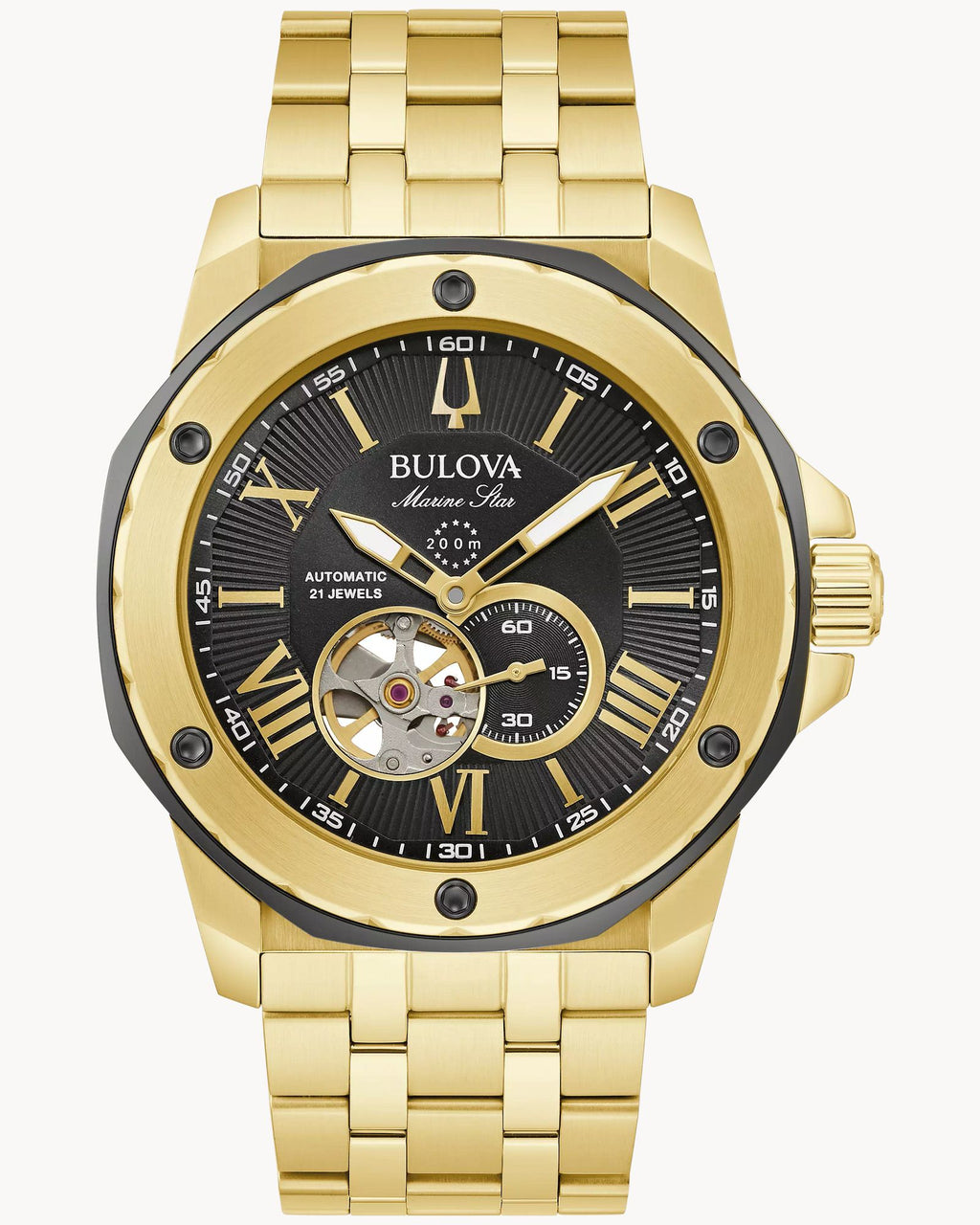 Reloj Bulova Marine Star 98A273 Automático Dorado Open Heart