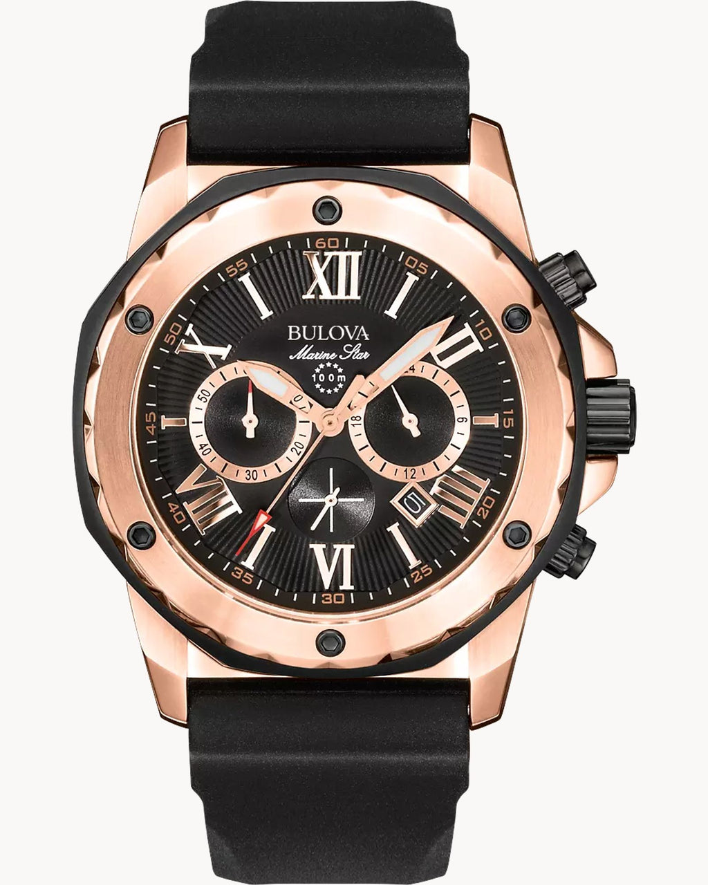 Reloj Bulova Marine Star 98B104 Hombre Cronógrafo Acero Oro Rosa Esfera Negra Correa Caucho