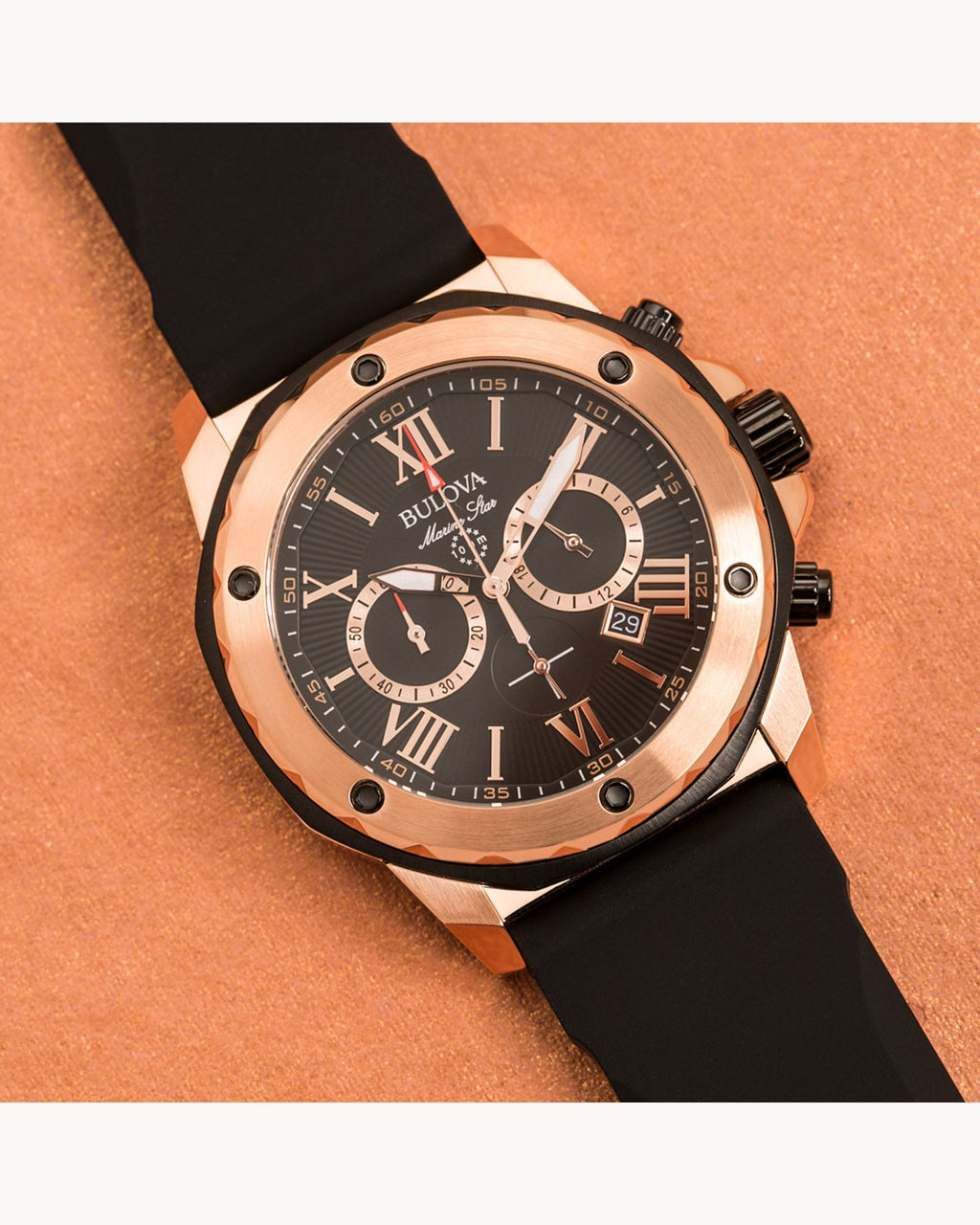 Reloj Bulova Marine Star 98B104 Hombre Cronógrafo Acero Oro Rosa Esfera Negra Correa Caucho