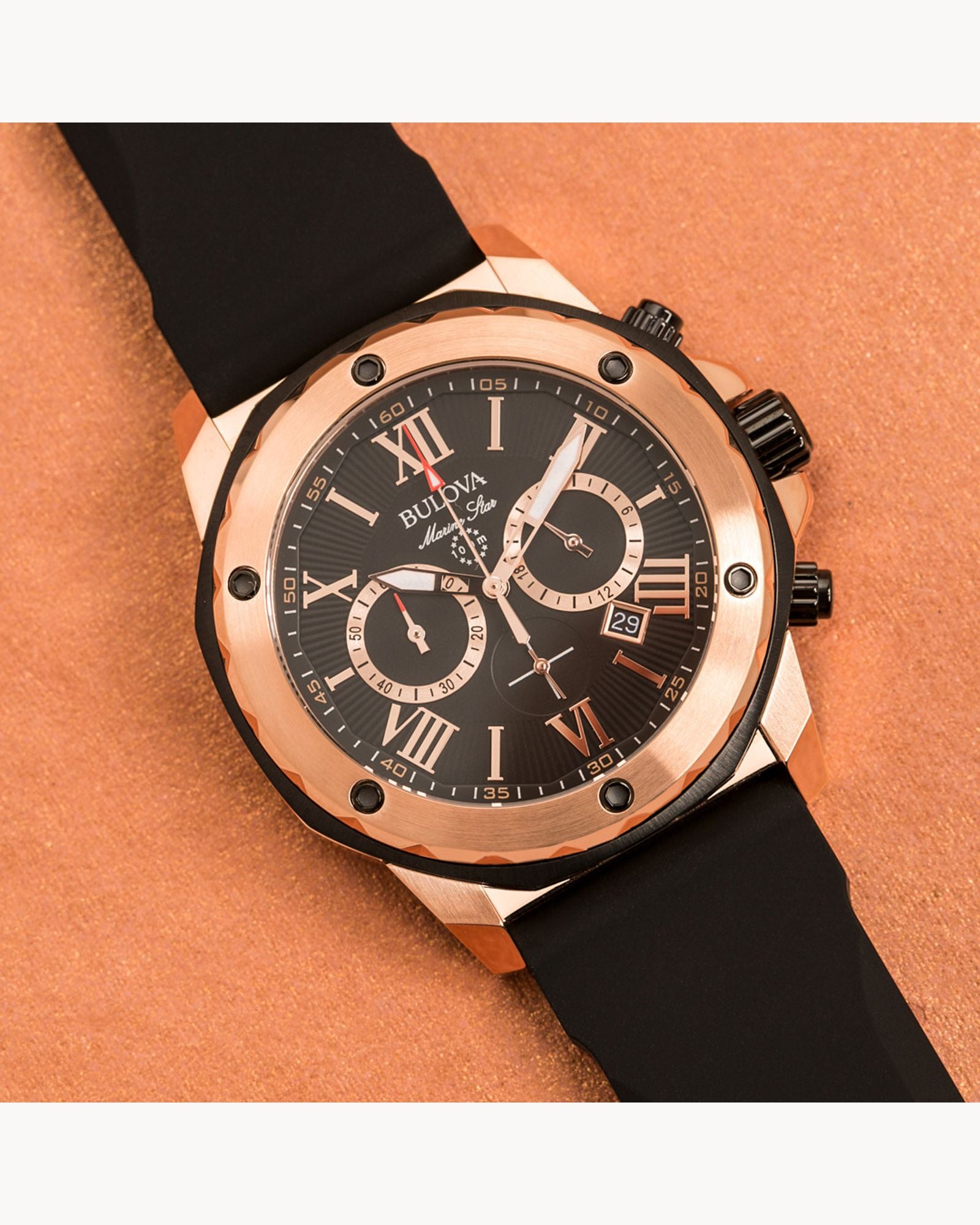 Reloj Bulova Marine Star 98B104 Hombre Cronógrafo Acero Oro Rosa Esfera Negra Correa Caucho