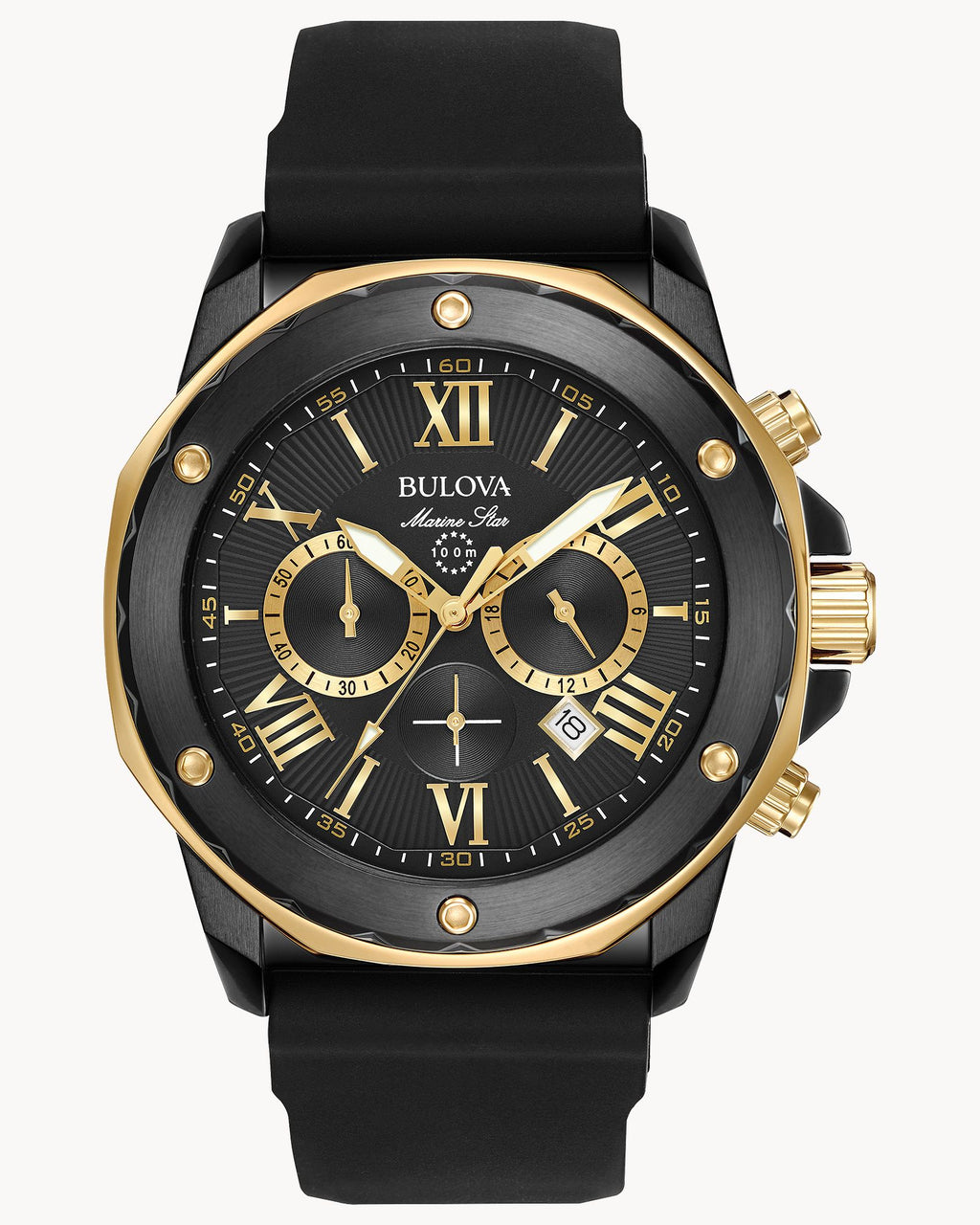 Reloj Bulova Marine Star 98B278 Hombre Cronógrafo Acero Negro y Dorado Esfera Negra Correa Caucho Negro