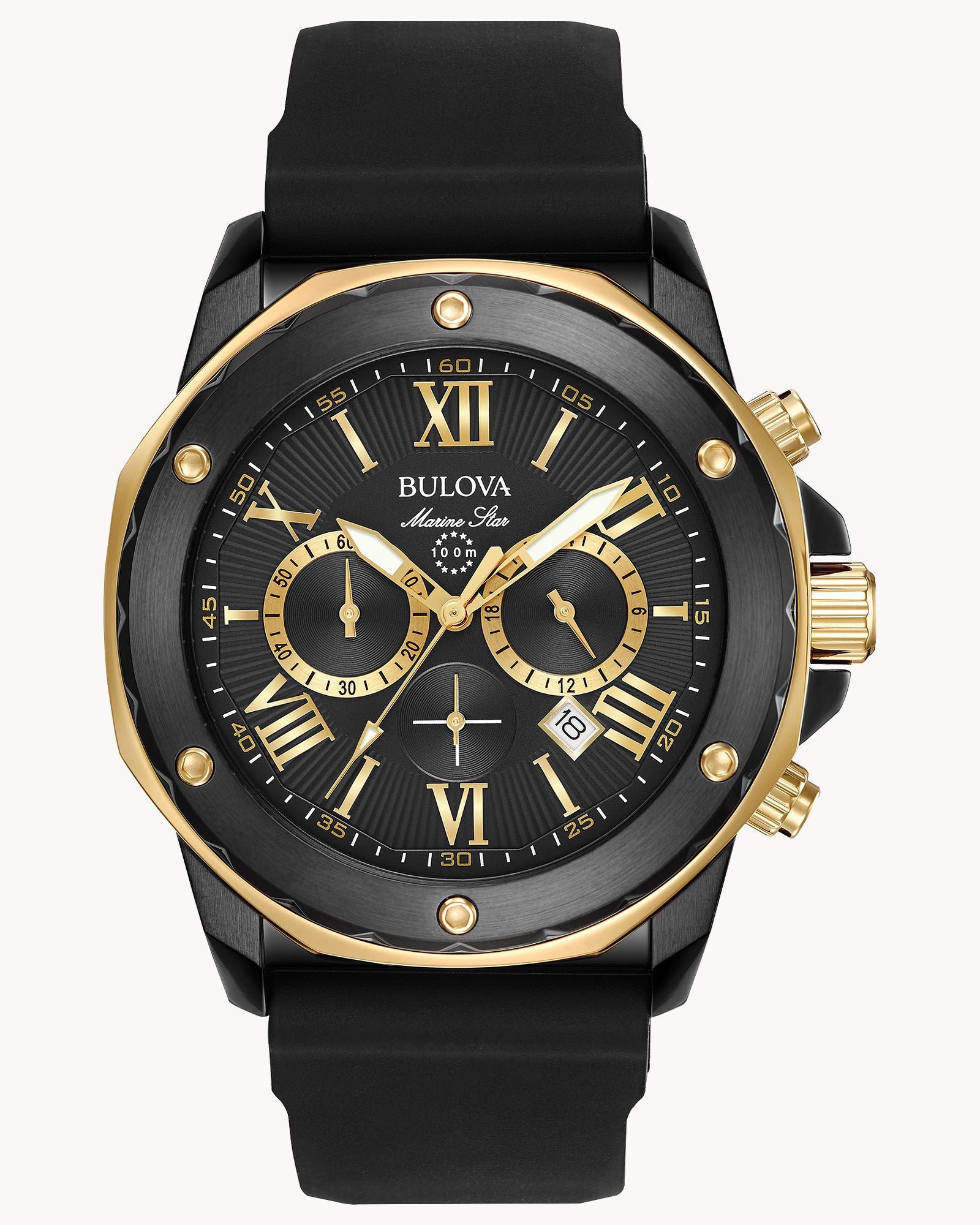 Reloj Bulova Marine Star 98B278 Hombre Cronógrafo Acero Negro y Dorado Esfera Negra Correa Caucho Negro