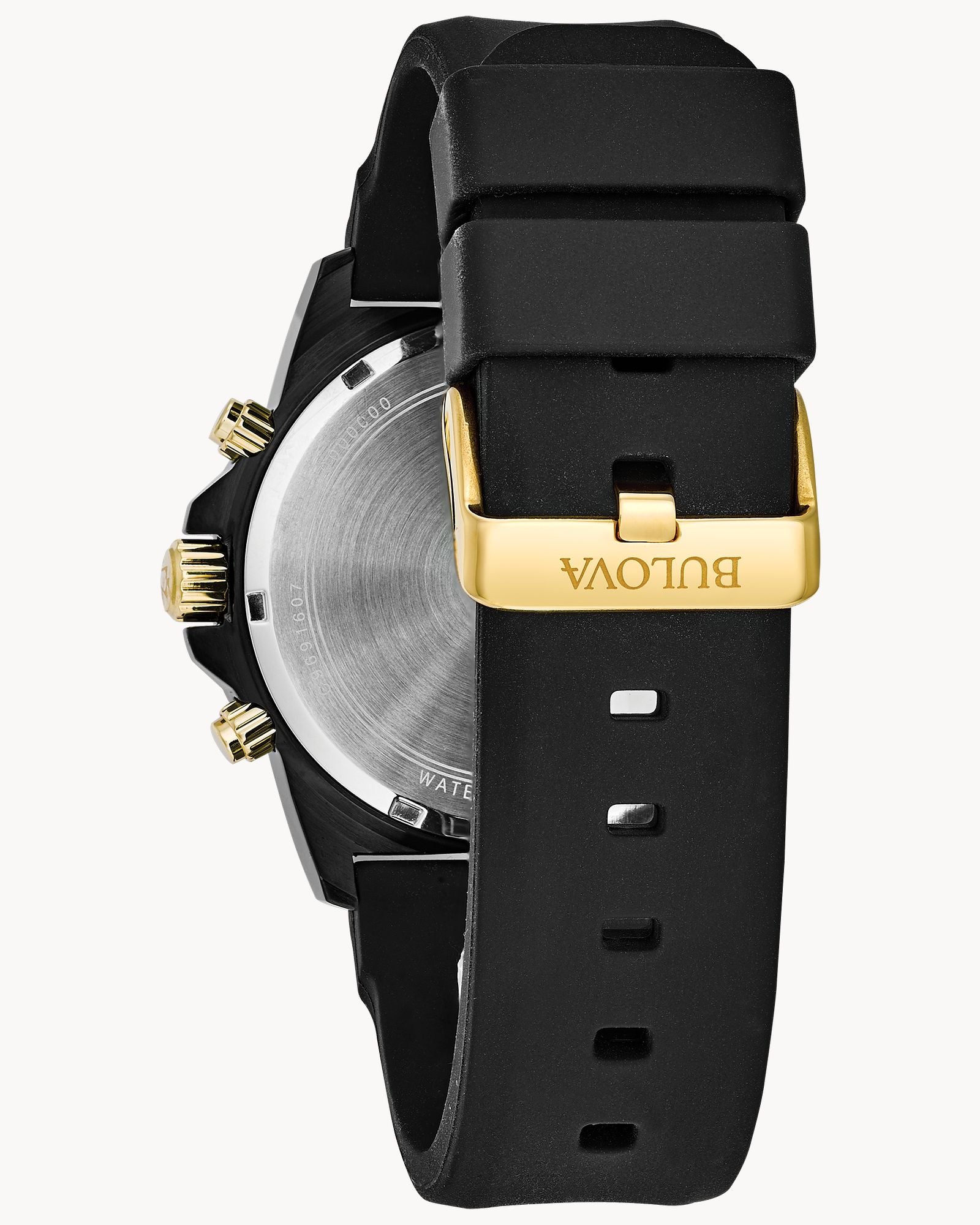 Reloj Bulova Marine Star 98B278 Hombre Cronógrafo Acero Negro y Dorado Esfera Negra Correa Caucho Negro