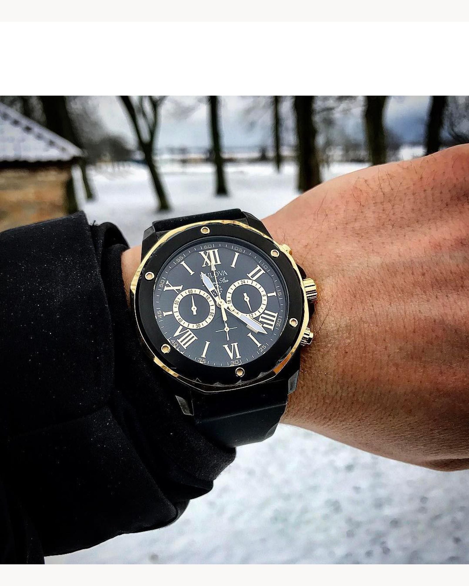 Reloj Bulova Marine Star 98B278 Hombre Cronógrafo Acero Negro y Dorado Esfera Negra Correa Caucho Negro