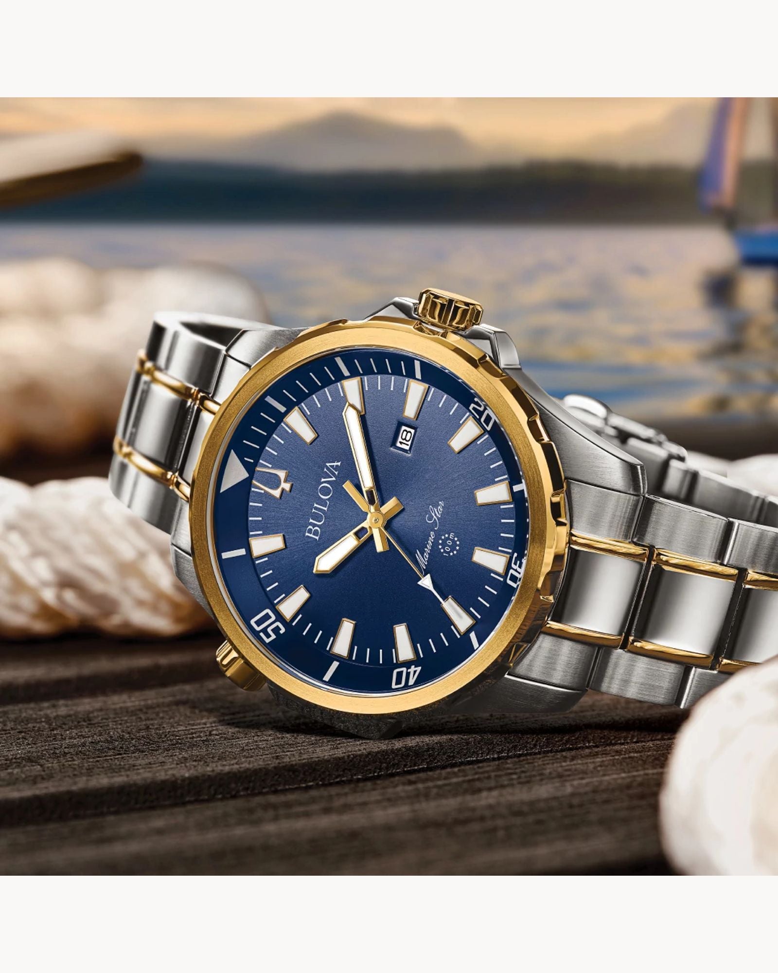 Reloj Bulova Marine Star 98B384 Hombre Acero Bicolor Dorado y Plateado Esfera Azul
