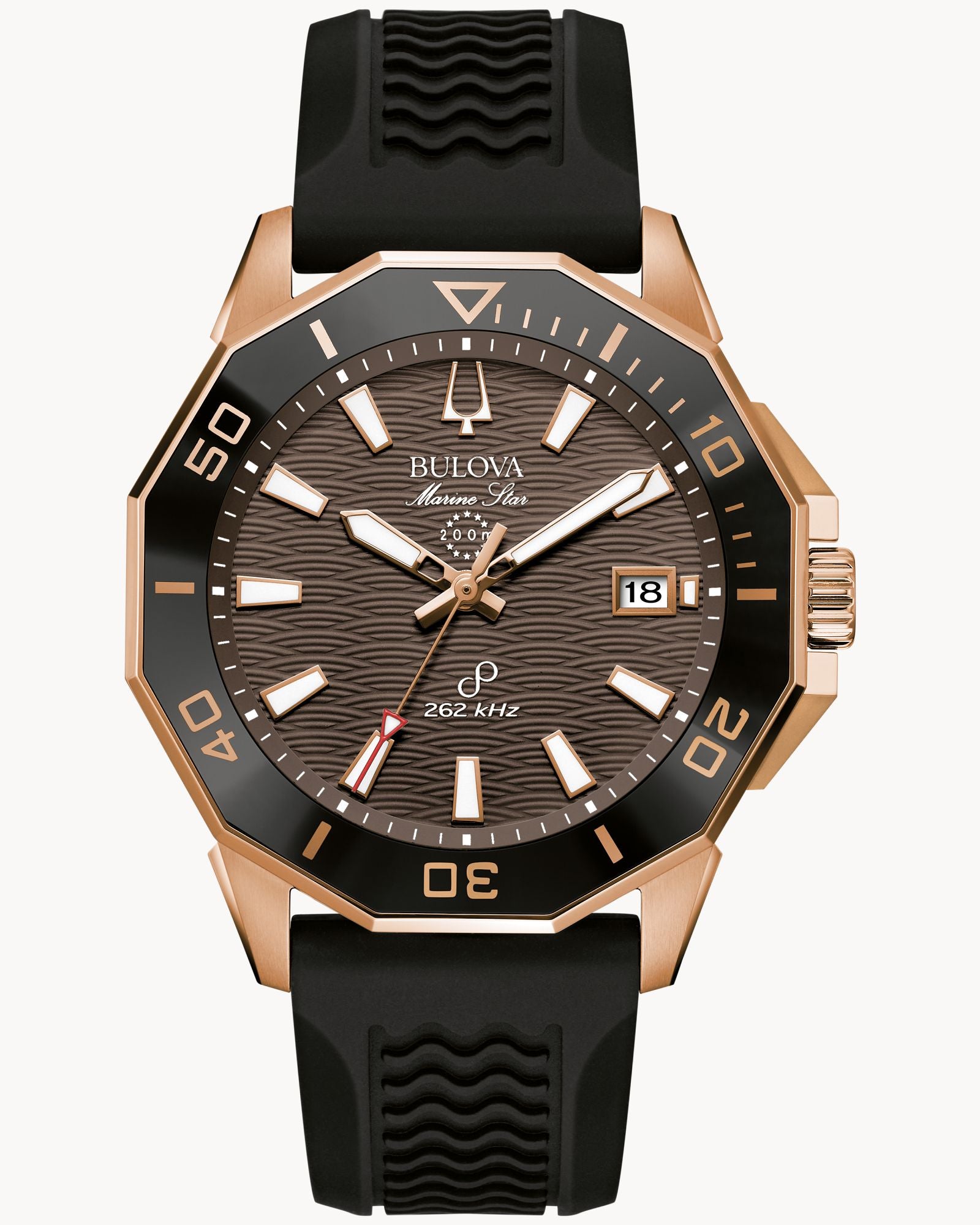 Reloj Bulova Marine Star Precisionist 98B421 Hombre Acero Rose Gold Esfera Marrón Correa Caucho Negro 262 kHz
