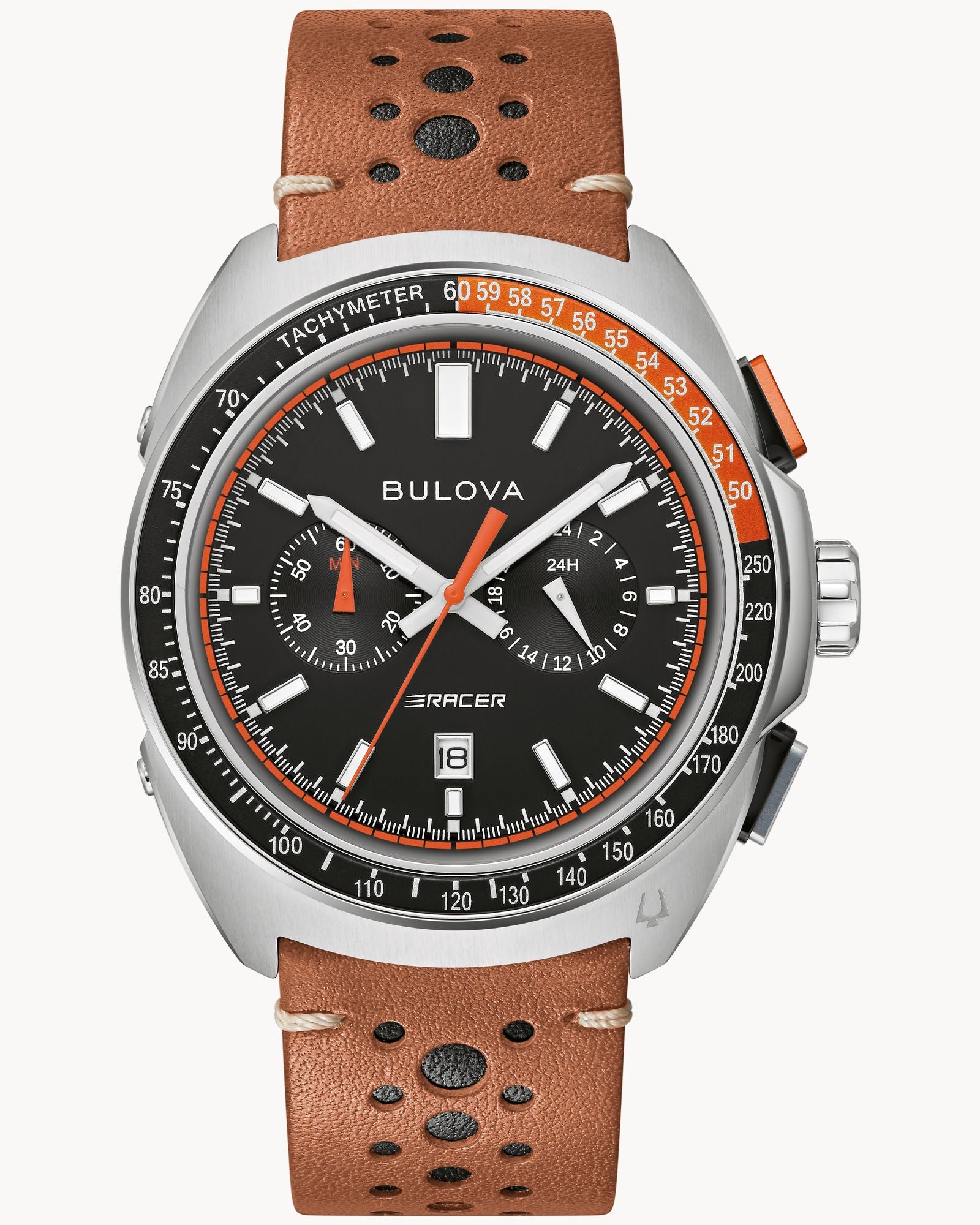 Reloj Bulova Racer 98B427 Hombre Cronógrafo Acero Inoxidable Esfera Negra Detalles Naranja Correa Cuero Marrón