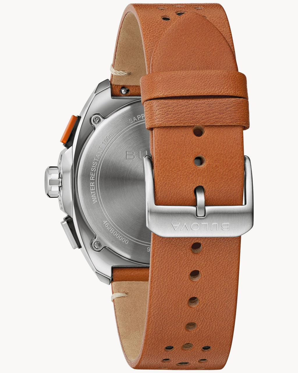 Reloj Bulova Racer 98B427 Hombre Cronógrafo Acero Inoxidable Esfera Negra Detalles Naranja Correa Cuero Marrón