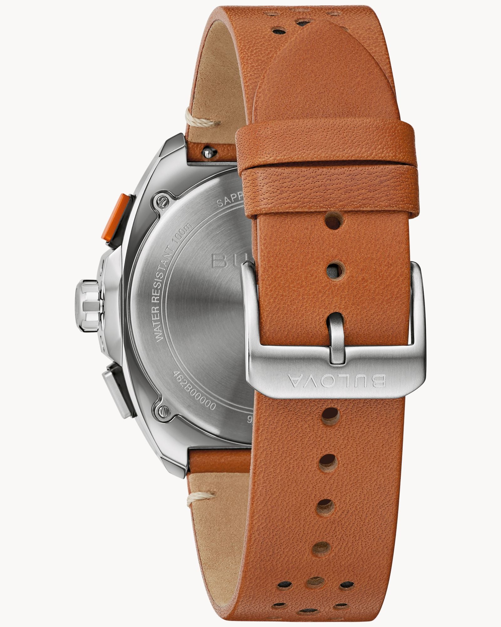Reloj Bulova Racer 98B427 Hombre Cronógrafo Acero Inoxidable Esfera Negra Detalles Naranja Correa Cuero Marrón