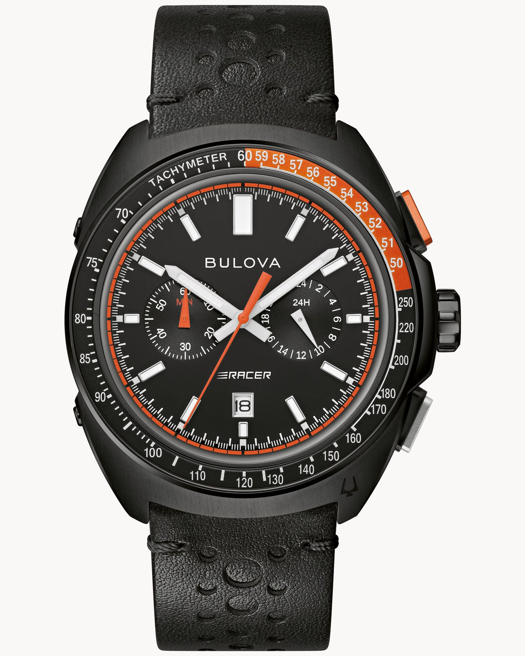 Reloj Bulova Racer 98B428 Hombre Cronógrafo Acero Negro Esfera Negra Detalles Naranja Correa Cuero