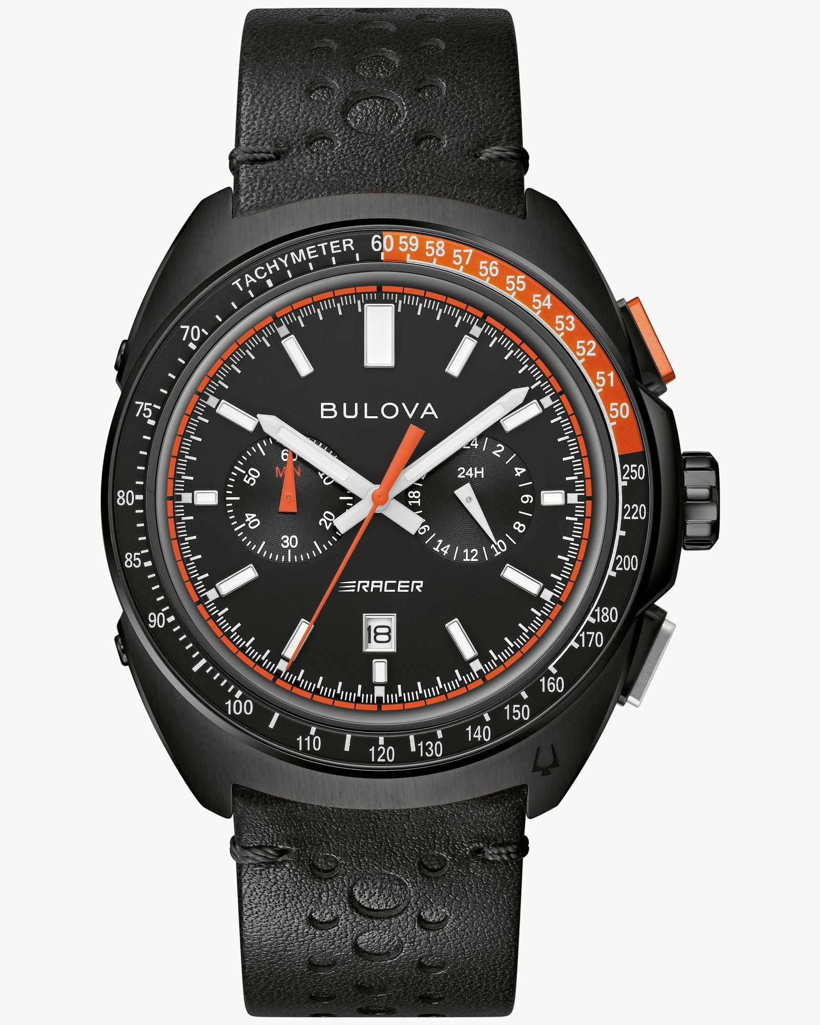 Reloj Bulova Racer 98B428 Hombre Cronógrafo Acero Negro Esfera Negra Detalles Naranja Correa Cuero